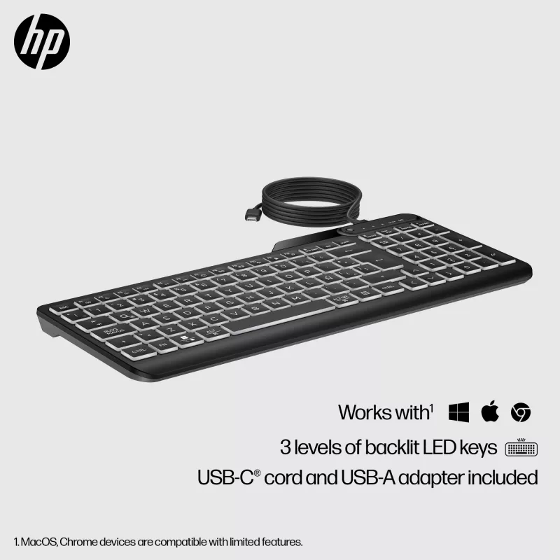 HP 405 Multi-Device podsvietená káblová klávesnica, plná veľkosť (100%), káblová, USB, membránová, čierna