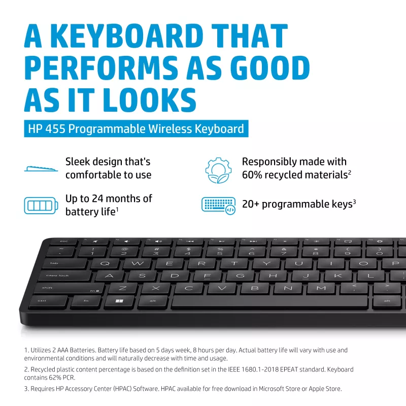 HP 455 programovateľná bezdrôtová klávesnica, plná veľkosť (100%), bezdrôtová, RF Wireless, membránová, čierna