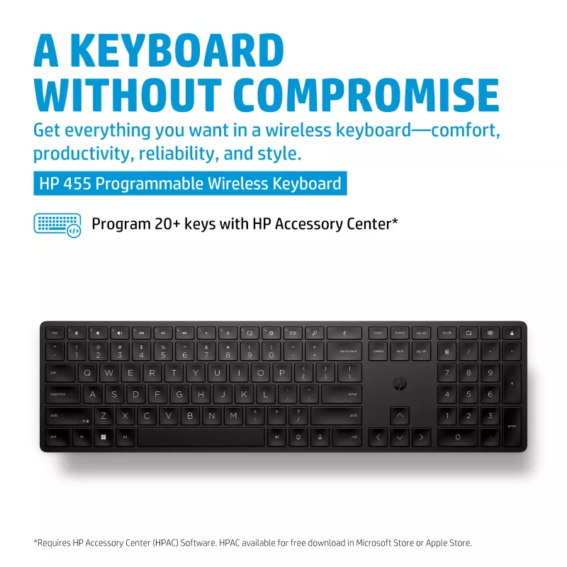 HP 455 programovateľná bezdrôtová klávesnica, plná veľkosť (100%), bezdrôtová, RF Wireless, membránová, čierna