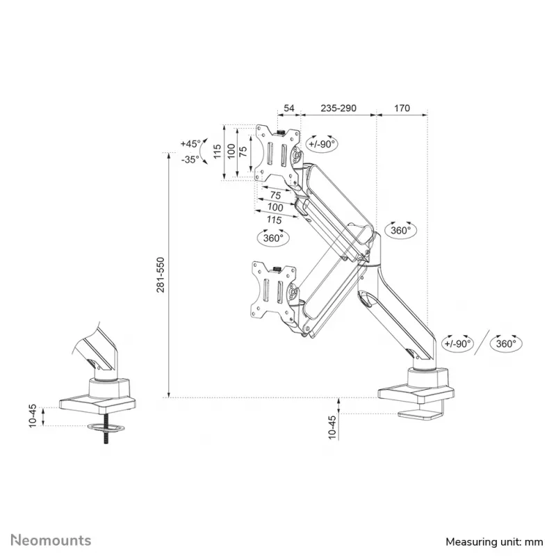 Neomounts DS70-450BL1 rameno na monitor 17-42 inch - plynová pružina - Topfix - 180°-stop