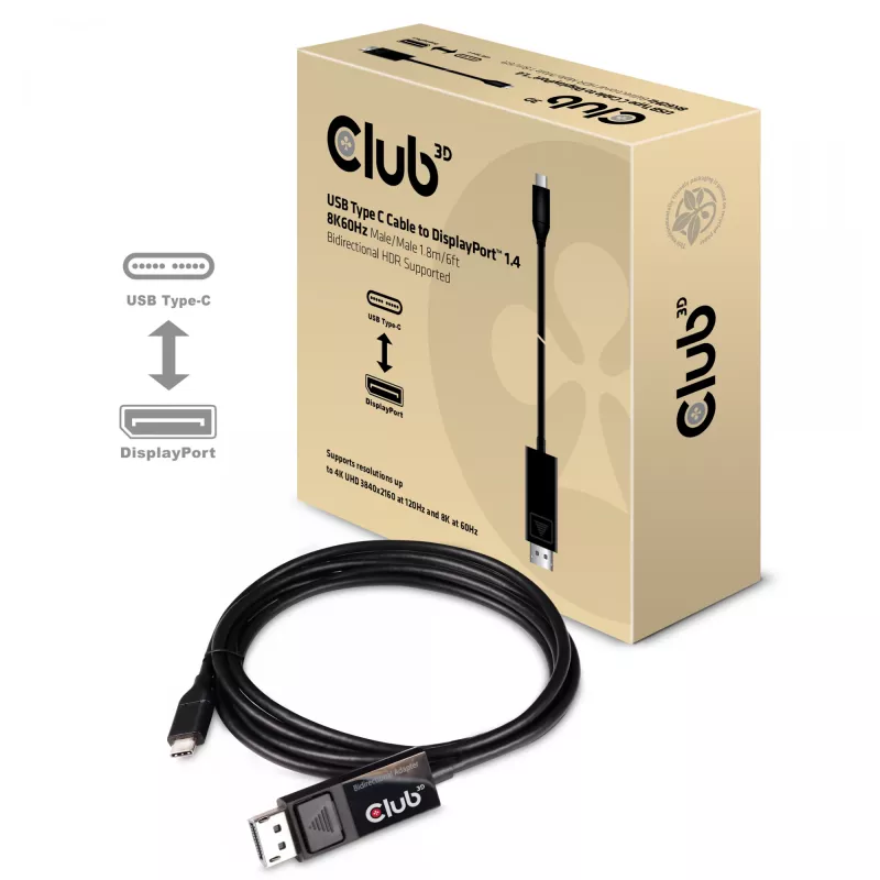 CLUB3D USB Type-C kábel na DP 1.4 8K60Hz M/M 1,8m/5,9ft