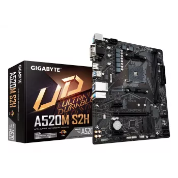 GIGABYTE A520M S2H základná doska - podporuje AMD Ryzen 5000 série AM4 CPU, 4+3 fázy Pure Digital VRM, až do 5100MHz DDR4 (OC), PCIe 3.0 x4 M.2, GbE LAN, USB 3.2 Gen 1