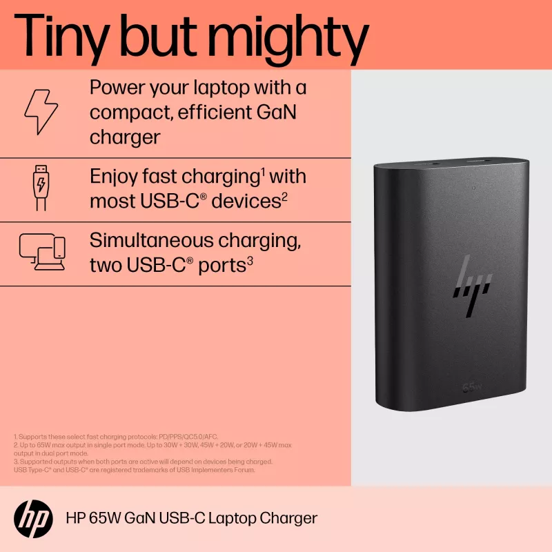 HP 600Q7AA 65 W GaN USB-C nabíjačka na notebook, 2 × USB-C, 20 V, čierna