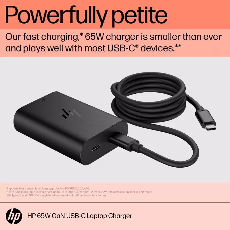 HP 600Q7AA 65 W GaN USB-C nabíjačka na notebook, 2 × USB-C, 20 V, čierna