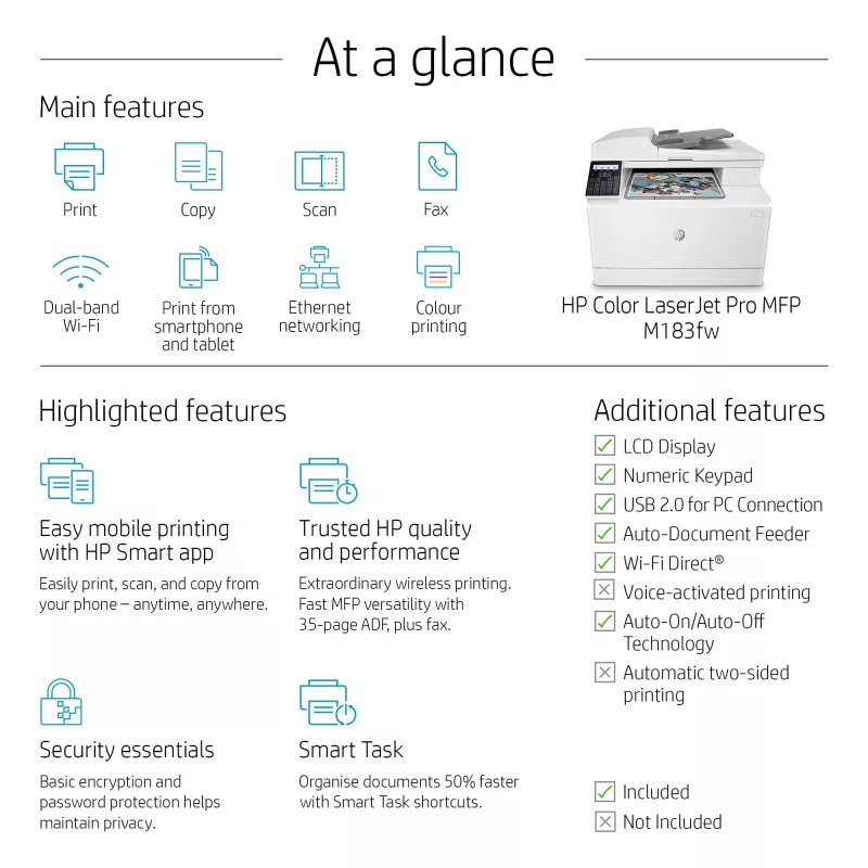 HP Color LaserJet Pro MFP M183fw, Laser, farebná tlač, 600 x 600 DPI, A4, priama tlač, biela