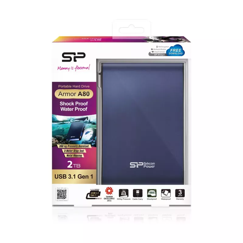 Silicon Power Armor A80 externý pevný disk, 2 TB, 2,5 palca, USB 3.1 Gen 1, modrý