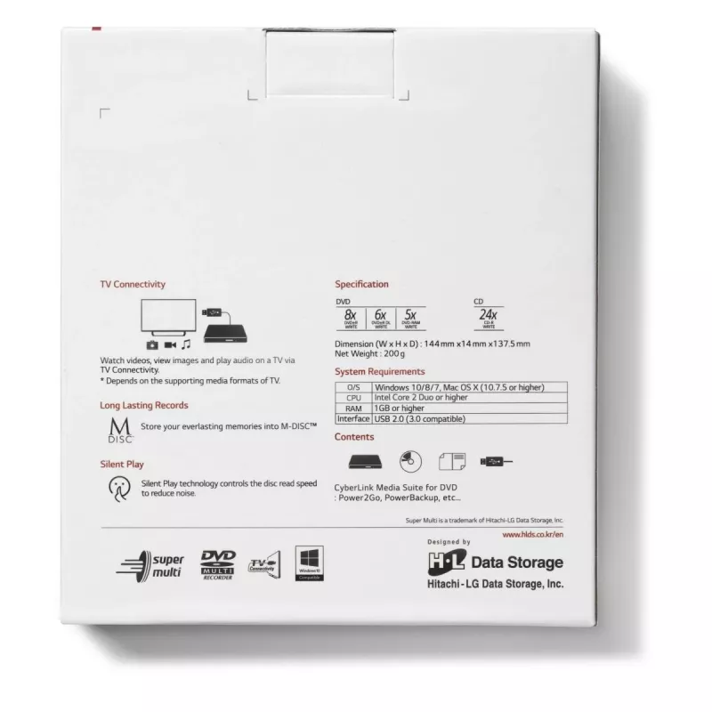 HITACHI-LG DATA STORAGE tenká prenosná DVD mechanika - Gp60nw60 - USB 2.0 - biela