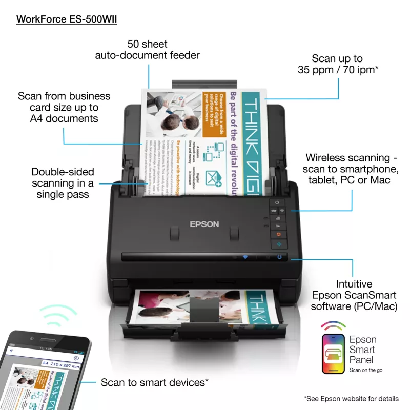 Epson WorkForce ES-500WII skener dokumentov 600 x 600 dpi A4 čierny