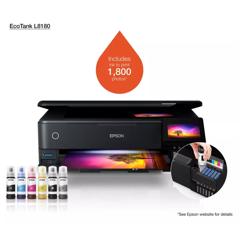 Multifunkčná atramentová tlačiareň Epson EcoTank L8180 — A3+, farba, 5760x1440 DPI, 32 ppm, duplex, Wi‑Fi, Ethernet