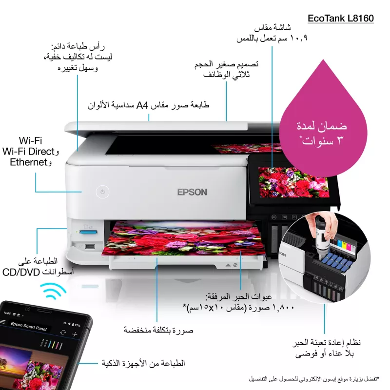 Multifunkčná atramentová tlačiareň Epson EcoTank L8160 — farebná tlač, 5760x1440 DPI, 32 ppm, A4, Wi‑Fi, duplex