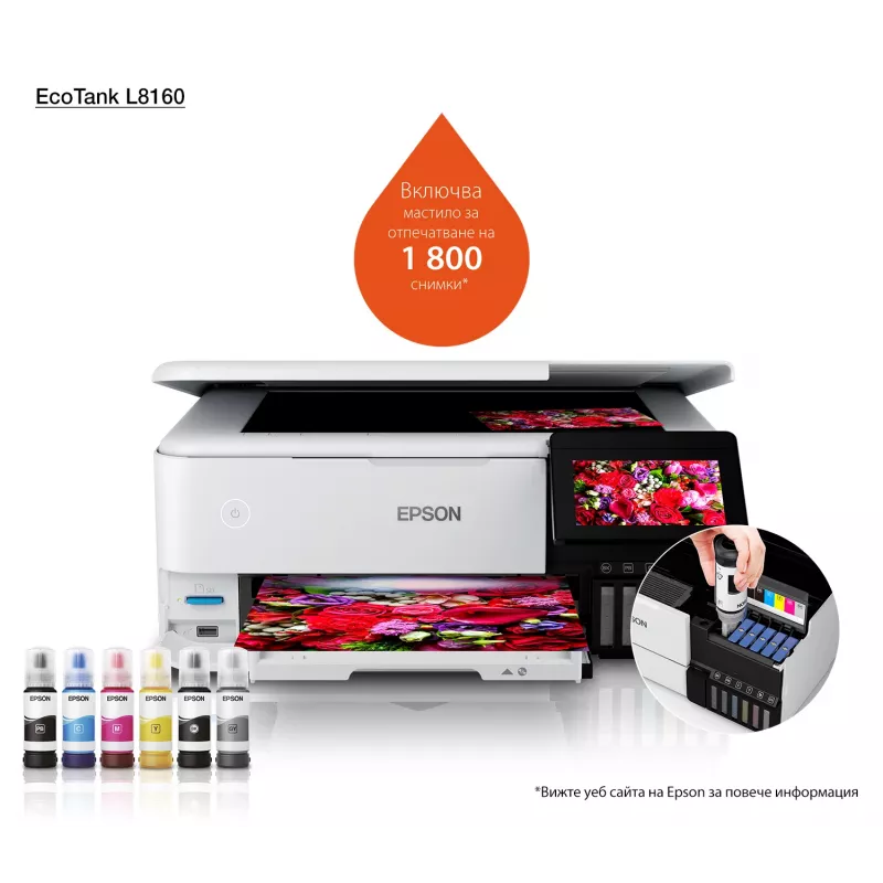 Multifunkčná atramentová tlačiareň Epson EcoTank L8160 — farebná tlač, 5760x1440 DPI, 32 ppm, A4, Wi‑Fi, duplex