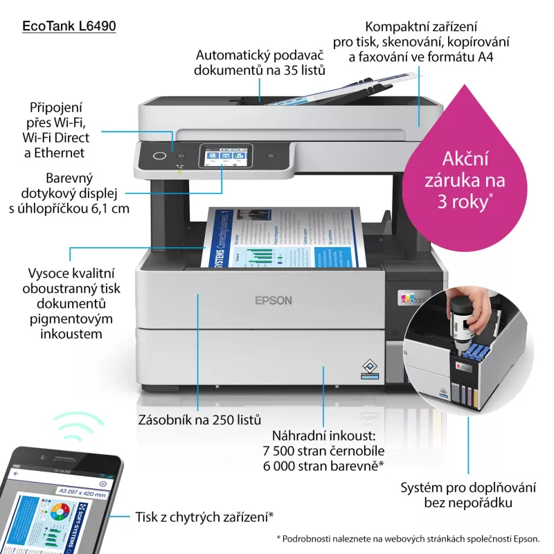 Multifunkčná tlačiareň Epson EcoTank L6490 — atramentová farebná, 4800x1200 dpi, 37 ppm, A4 duplex, Wi‑Fi, Ethernet