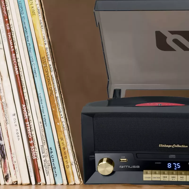 Muse MT-112 W gramofónový mikrosystém s CD, USB, Bluetooth, rádiom FM, 33/45/78 ot./min, hnedý