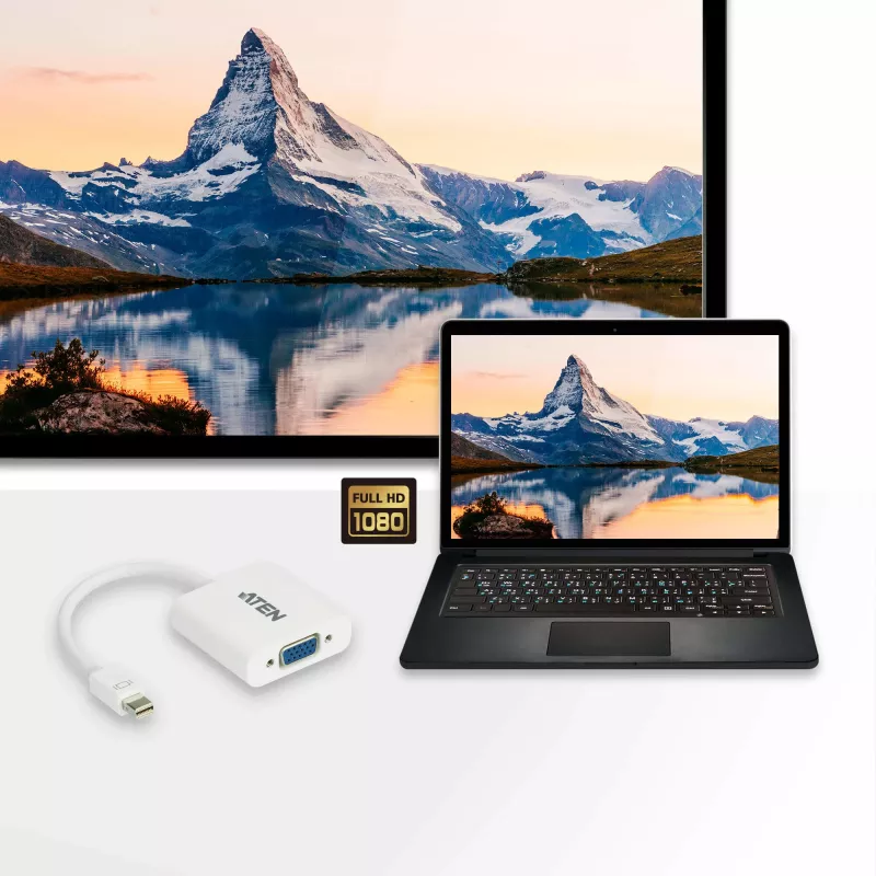 ATEN konvertor Mini DisplayPort na VGA, Mini DisplayPort, VGA (D-Sub), konektor samec, konektor samica, rovný, rovný