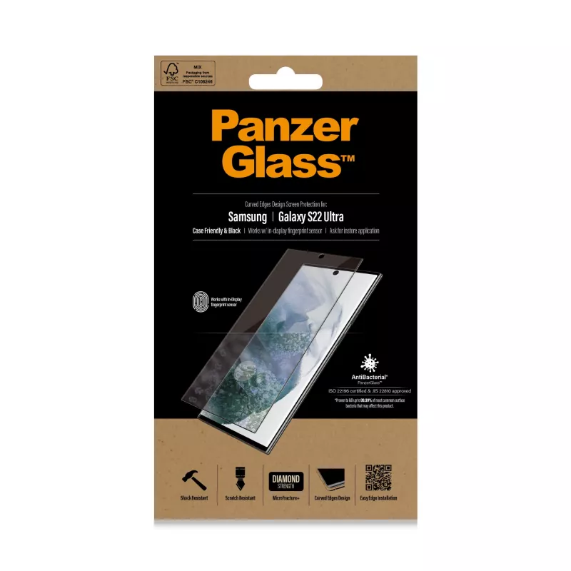 PanzerGlass 7295 ochranné sklo na displej Samsung Galaxy S22 Ultra, tvrdené, kompatibilné s puzdrami, čierne