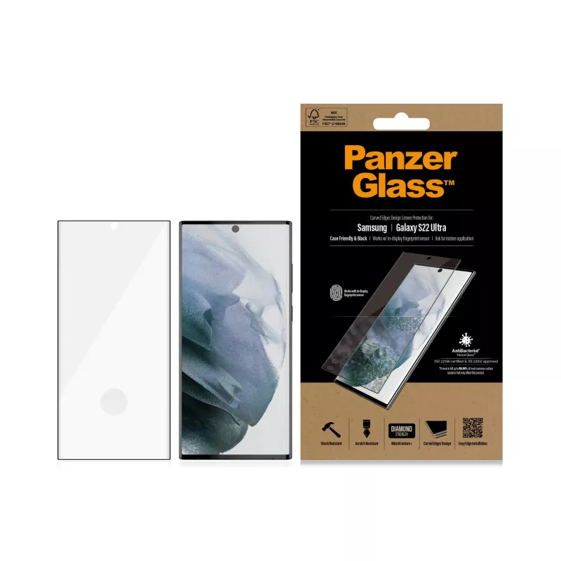 PanzerGlass 7295 ochranné sklo na displej Samsung Galaxy S22 Ultra, tvrdené, kompatibilné s puzdrami, čierne