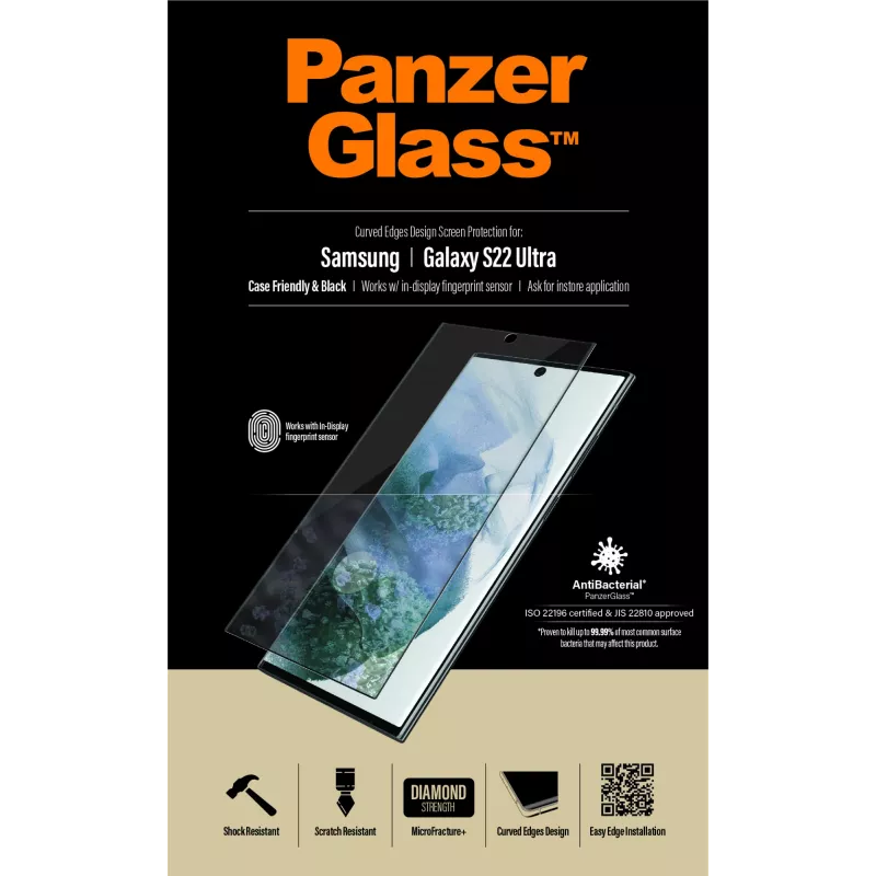 PanzerGlass 7295 ochranné sklo na displej Samsung Galaxy S22 Ultra, tvrdené, kompatibilné s puzdrami, čierne