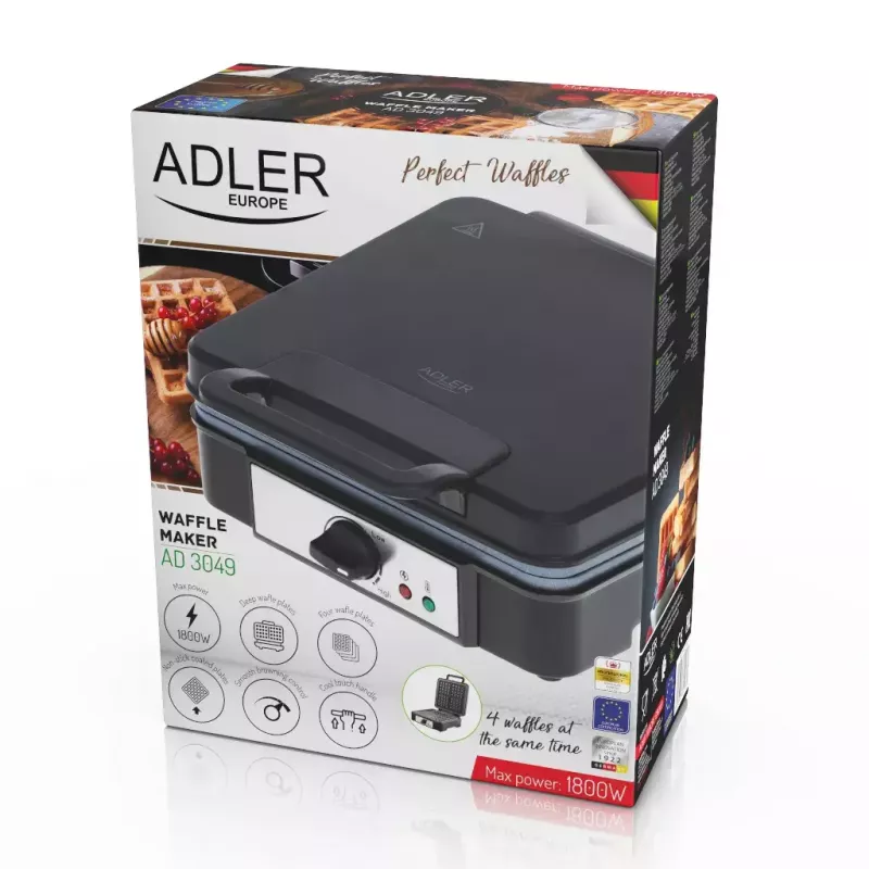 Waffleovač Adler AD 3049, 4 štvorcové wafle, nepriľnavý povrch, 1800 W, čierny