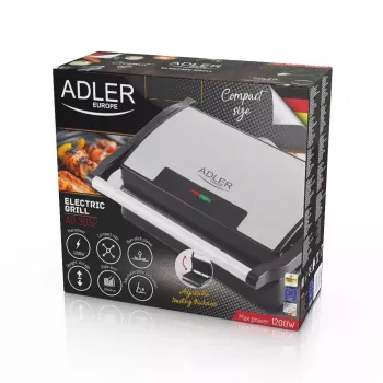 Kontaktný gril Adler AD 3052 obdĺžnikový oceľ/čierna, 1200 W, mriežkový povrch, uzamykateľné veko