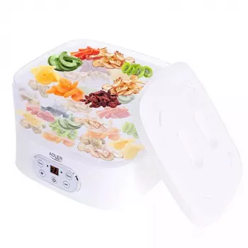 Sušička potravín Adler AD 6658, 5 zásuviek, LCD časovač 70 hod., 35–70 °C, 230 W (max. 550 W), biela