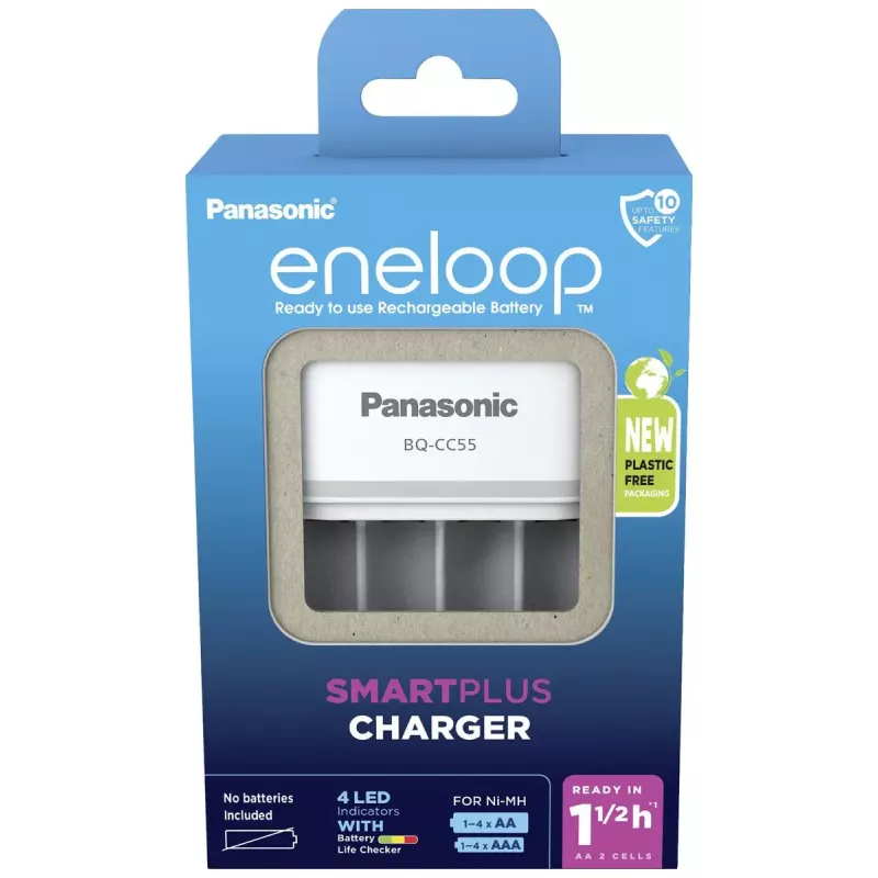 Nabíjačka batérií Panasonic BQ-CC55E — kompaktná NiMH/NiCd nabíjačka pre AA/AAA akumulátory