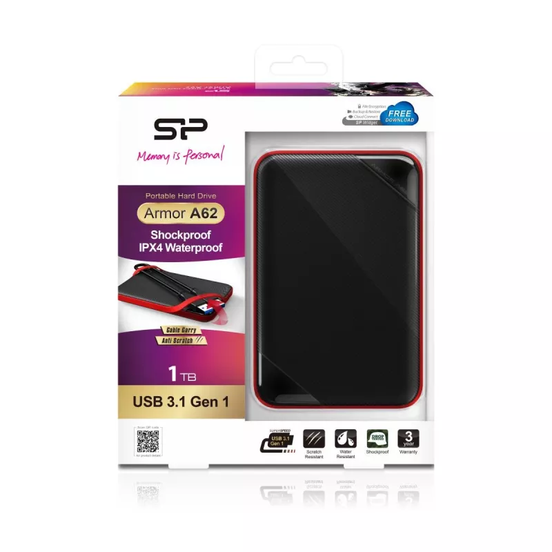 Silicon Power Armor A62 SP010TBPHD62SS3K prenosný pevný disk 1 TB, USB 3.2 Gen 1, čierna/červená