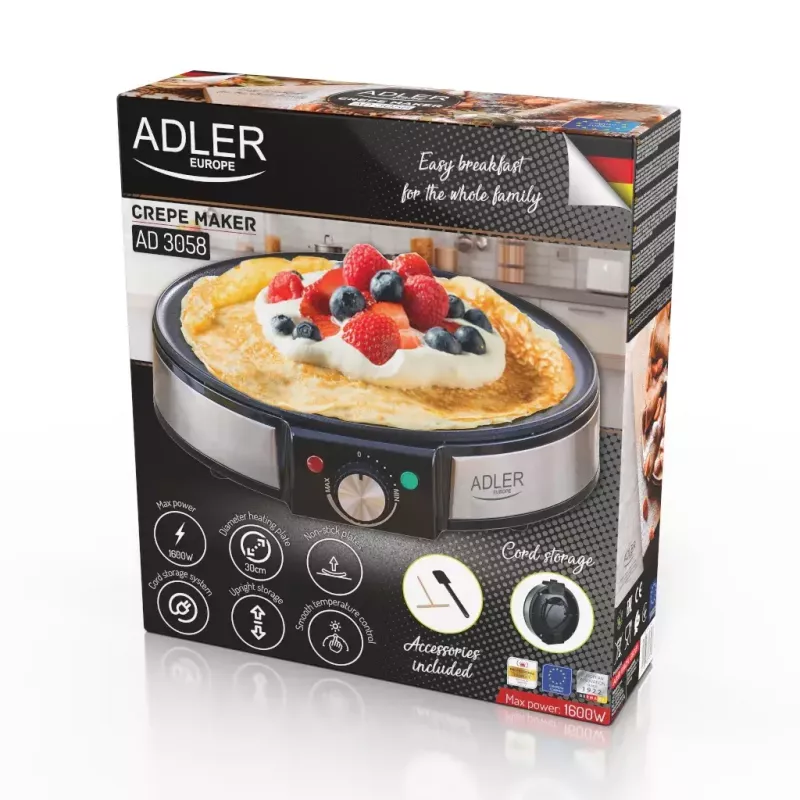 Prístroj na palacinky Adler AD 3058 1600 W čierny nerezová oceľ