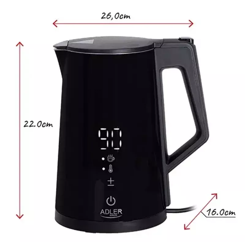 Elektrická rýchlovarná kanvica Adler AD 1345b — objem 1,7 l, 2200 W, nerezová oceľ, čierna
