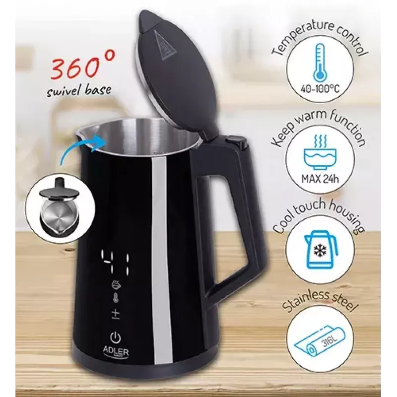 Elektrická rýchlovarná kanvica Adler AD 1345b — objem 1,7 l, 2200 W, nerezová oceľ, čierna