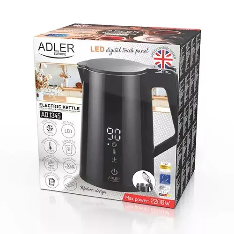 Elektrická rýchlovarná kanvica Adler AD 1345b — objem 1,7 l, 2200 W, nerezová oceľ, čierna