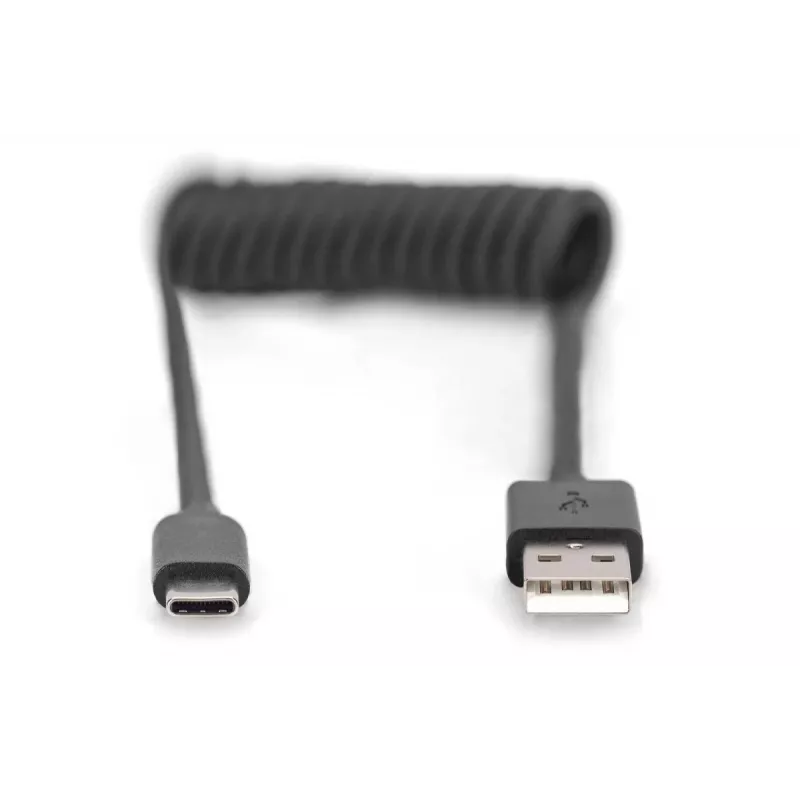 Digitus AK-300430-006-S špirálový kábel USB 2.0 USB-A na USB-C, 1 m, 480 Mbit/s, 60 W PD, čierny