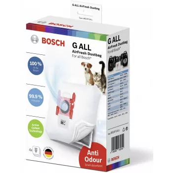 Vrecká do vysávača pre tyčový vysávač Bosch BBZAFGALL — balenie 4 ks, biela, 240×75×165 mm, 100 g na kus