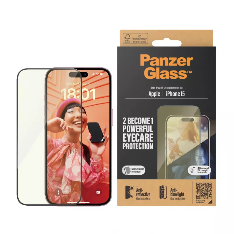 PanzerGlass® EyeCARE™ ochrana displeja iPhone 15 | Ultra-Wide Fit s EasyAligner