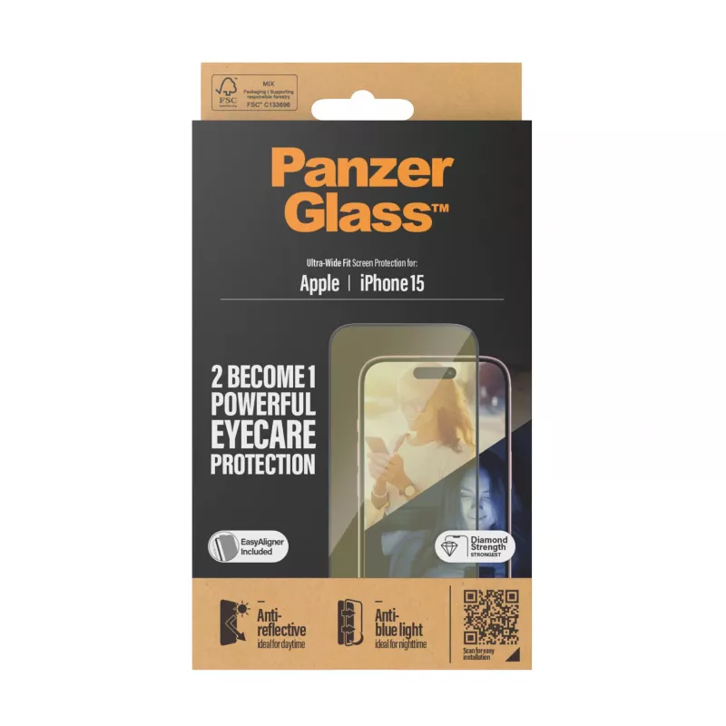 PanzerGlass® EyeCARE™ ochrana displeja iPhone 15 | Ultra-Wide Fit s EasyAligner