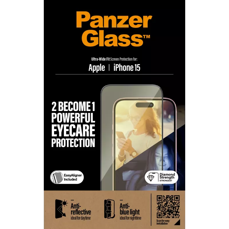 PanzerGlass® EyeCARE™ ochrana displeja iPhone 15 | Ultra-Wide Fit s EasyAligner