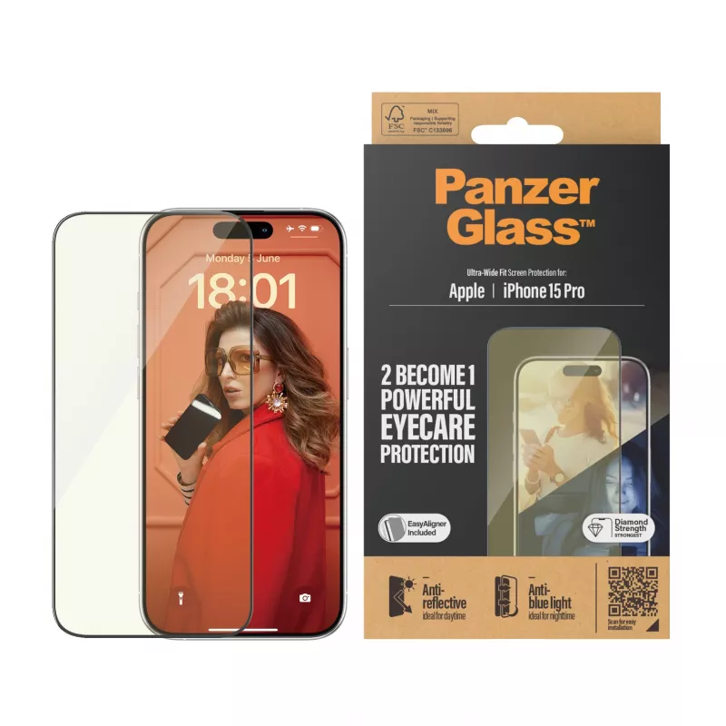 PanzerGlass ® EyeCARE™ ochrana displeja iPhone 15 Pro | Ultra-Wide Fit s EasyAligner