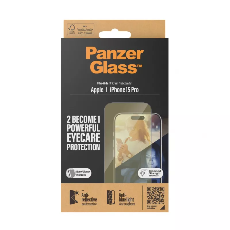 PanzerGlass ® EyeCARE™ ochrana displeja iPhone 15 Pro | Ultra-Wide Fit s EasyAligner