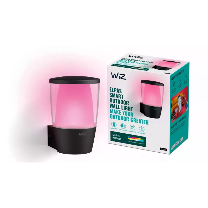 WiZ Elpas inteligentné vonkajšie nástenné svietidlo Wi-Fi, 8,5 W, 950 lm, Tunable White & Color 2700-5000 K, IP44, stmievateľné, čierne
