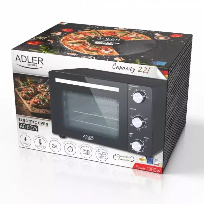 Elektrická stolová rúra Adler AD 6024 — kompaktná, objem 22 l, 1300 W, čierna