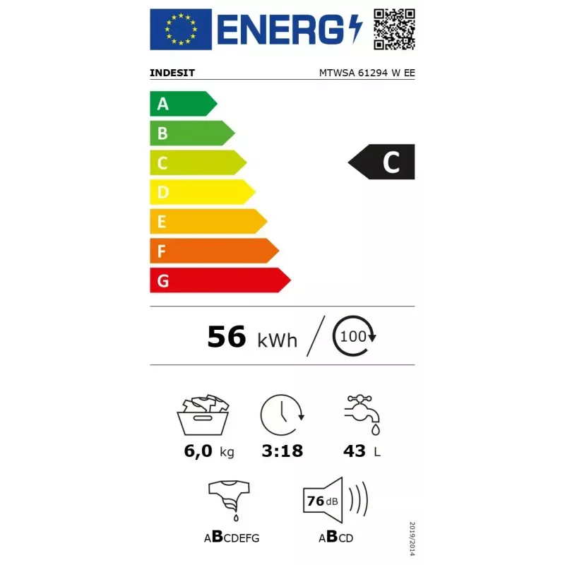 Práčka s predným plnením INDESIT MTWSA 61294 W EE, 6 kg, invertorový motor, energetická trieda C