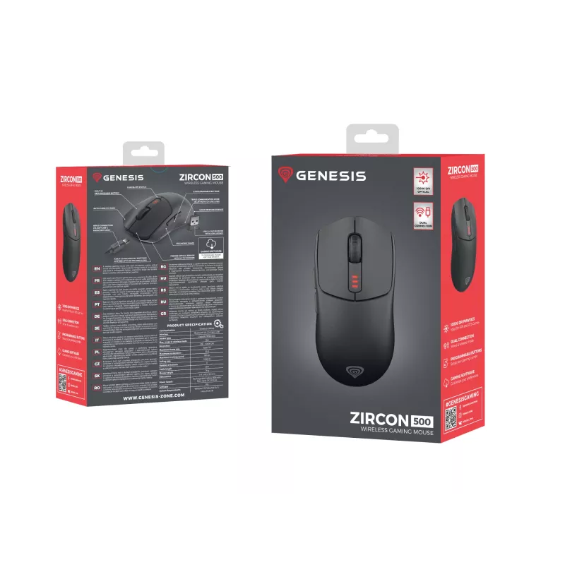 GENESIS Zircon 500 myš Gaming pravácka RF Wireless + Bluetooth + USB Type-C optická 10000 DPI