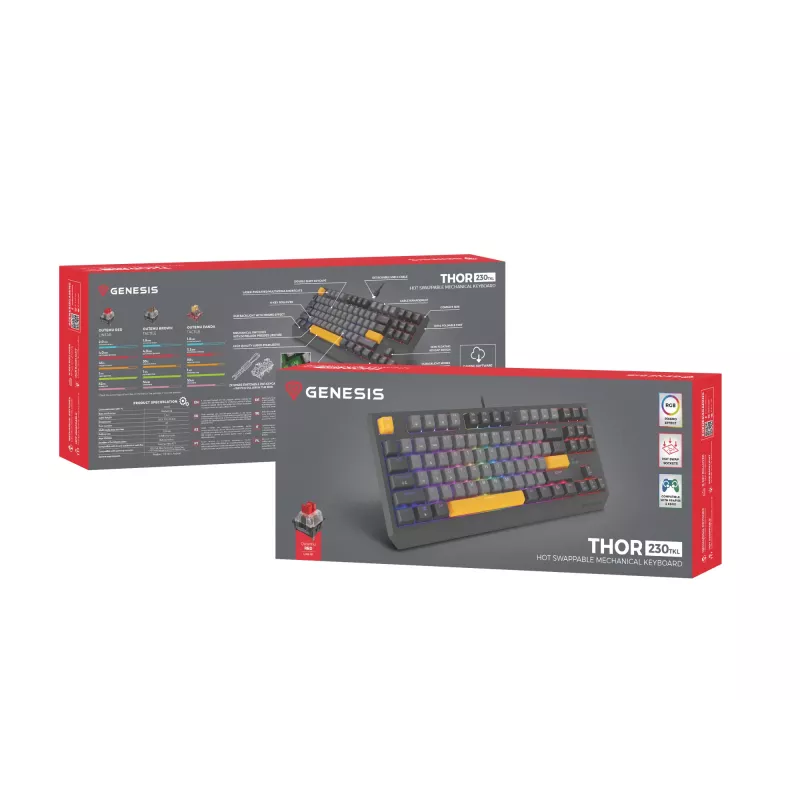 Genesis Thor 230 TKL drôtová mechanická herná klávesnica, US, Anchor Gray Negative, Outemu Red