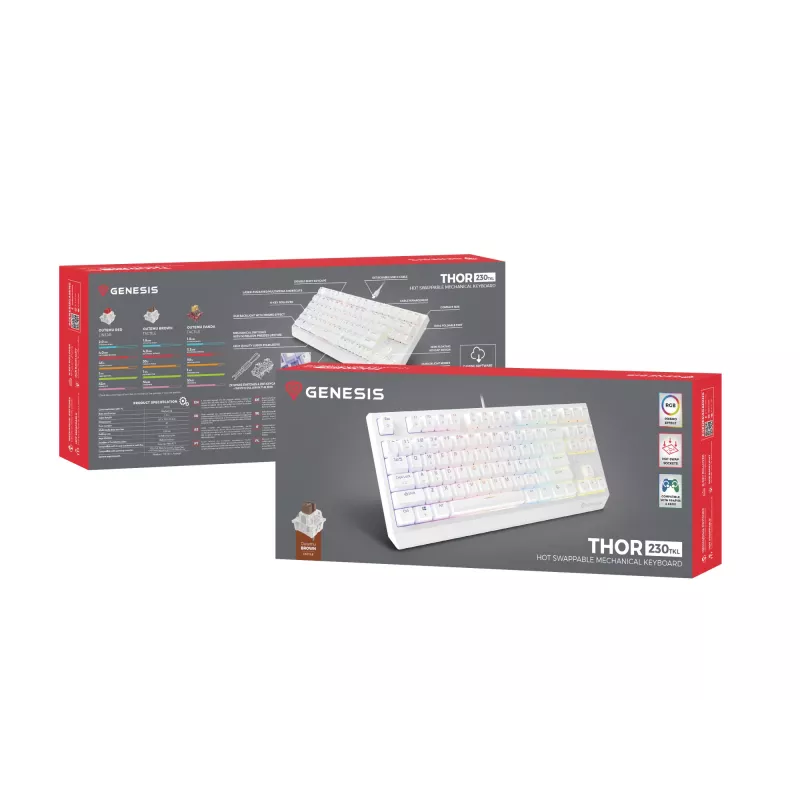 Genesis Thor 230 TKL drôtová mechanická herná klávesnica, US, biela, Outemu Brown