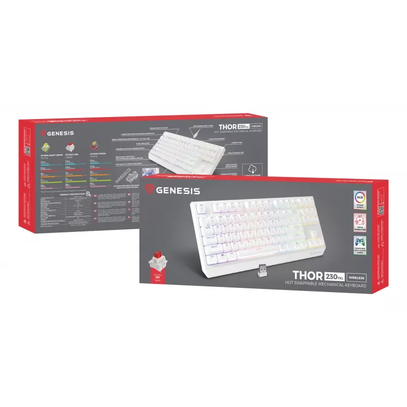 Tenkeyless herná klávesnica GENESIS Thor 230 TKL — USB, RF Wireless, Bluetooth, QWERTY, biela