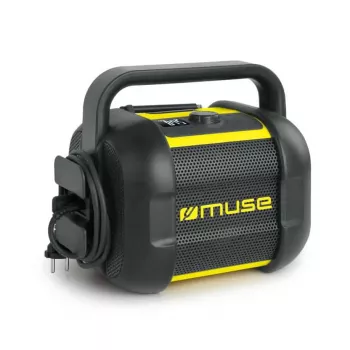 Staveniskové rádio Muse M-968 BTY — Analógové FM, 40 W RMS, Bluetooth 10 m, prachuvzdorné/nárazuvzdorné, čierna/žltá
