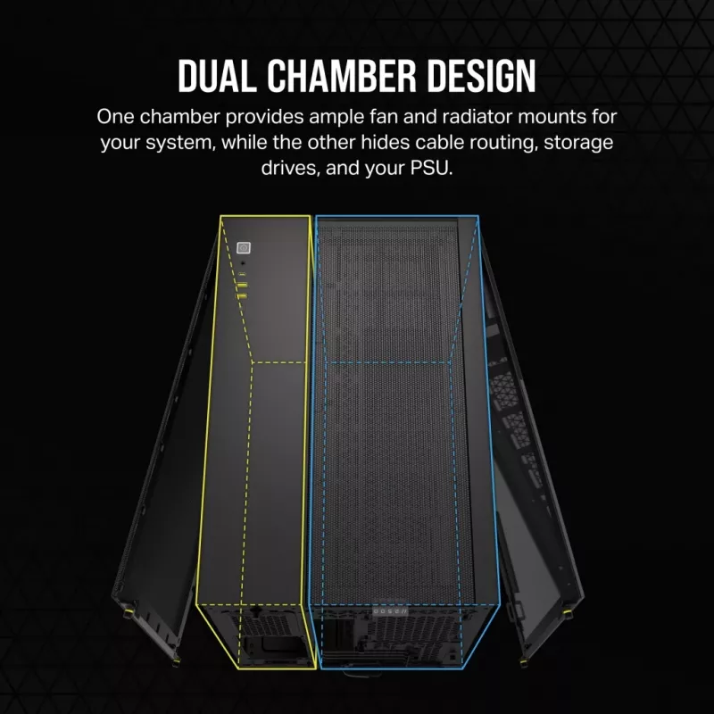 PC skriňa CORSAIR 2500D AIRFLOW Midi Tower čierna — ATX/Micro ATX, podpora 280 mm predného radiátora, USB-A x2, USB-C x1