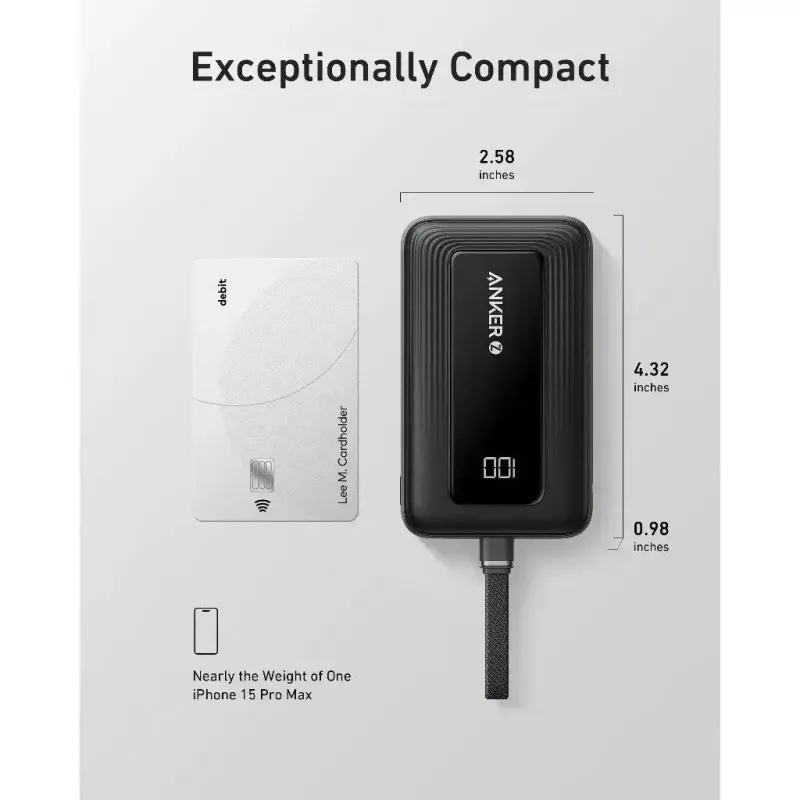 Anker Zolo 10000mAh prenosná batéria, 30W ultrarýchle nabíjanie, integrovaný USB-C kábel, čierna