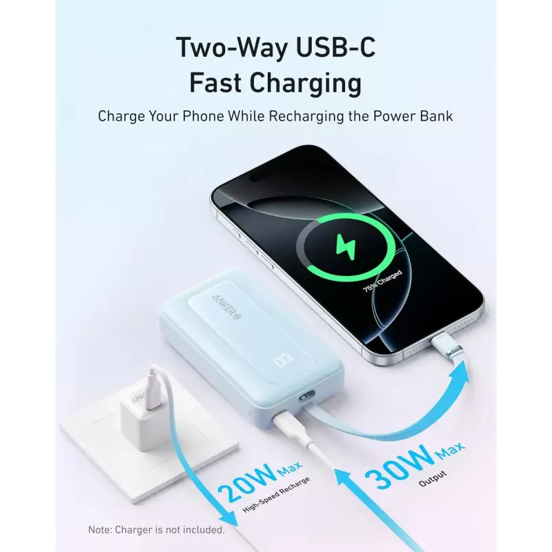 Anker Zolo 10000mAh prenosná batéria, 30W ultrarýchle nabíjanie, integrovaný USB-C kábel, čierna