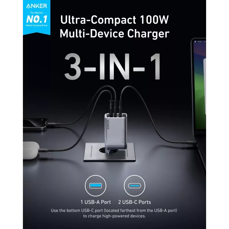 Nabíjačka mobilných zariadení Anker A2688341 univerzálna čierna AC interiérová 110–240 V 1 USB 2.0 2 USB-C