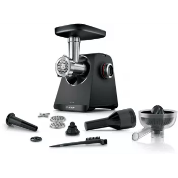 Mlynček na mäso Bosch MFWS430B — 1900 W, 2 rýchlosti, 2,5 kg/min, čierna/strieborná, 4,3 kg
